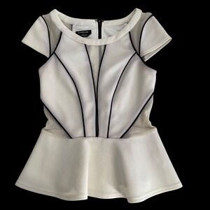 Bebe Vintage Peplum Mesh Top Sz XS Piping Y2K Glam Edgy Futuristic Ivory Black